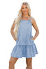 Beau Blue Bow Detail Spaghetti Straps Ruffle Hem Denim Short Dress