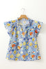 Sky Blue Flutter Sleeve V Neck Floral Top