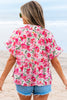 Pink Floral Boxy Fit Ruffled Short Sleeve V Neck Blouse