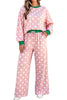 Pink Polka Dot Contrast Trim Long Sleeve Top Drawstring Shift Pants Set