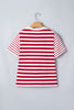 Red Stripe Patchwork Round Neck T Shirt