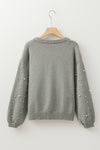 Light Grey Pearled Drop Shoulder Round Neck Sweater