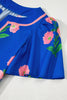 Blue Floral Short Sleeve Split Neck Loose Mini Dress