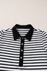 White Stripe Buttoned Front Collared Long Sleeve T Shirt Dress with Pockets