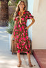 Green Floral Print Striped Trim Split Neck Short Puff Sleeve Ruffle Hem Maxi Dress