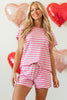 Rose Stripe Crew Neck T Shirt and Drawstring Shorts Set