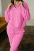 Bright Pink Polo Collar V Neck Pullover and Drawstring Sweatpants Set