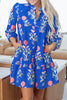 Blue Floral Print Button Detail 3/4 Puff Sleeve Ruffle Hem Dress