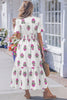 White Floral Print Split Neck Shirred High Waist Ruffle Hem Maxi Dress