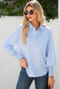 Gray Pinstripe Long Sleeve Smocked Cuffs Button Shirt Collar Blouse