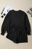 Black Ribbed Texture Baggy Drop Shoulder Pullover and Shorts Set