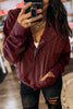 Burgundy Waffle Splicing Zip Up Front Button Hooded Jacket