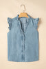Beau Blue Frilly Ruffle Trim V Neck Chambray Tank Top