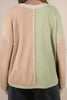 Green Plus Mixed Texture Color Block Patchwork V Neck Long Sleeve Top