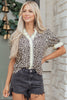 Black Leopard Print Striped Ruffled Color Block Trim V Neck Short Sleeve Blouse