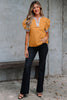 Buckskin Contrast Leopard Trim Split Neck Puff Sleeve Blouse