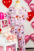Pink Diverse Bows Buttons Printed Contrast Trim Short Sleeve Shirt Pajama Pant Set