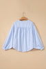 Sky Blue Stripe Floral Embroidered Billowy Sleeve Tunic Baggy Shirt