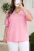 Bonbon V Neck Pleated Short Puff Sleeve Plus Size Blouse