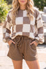 Red Checkerboard Plaid Long Sleeve Solid Color Shorts 2pcs Set