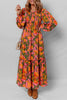 Chestnut Floral Puff Sleeve Smocked Bodice Ruffled Long Dress