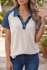 White Textured Color Block Denim Patchwork Polo Collar Tee