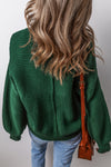 Blackish Green Textured Knit Crewneck Lantern Sleeve Sweater