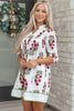 White Frilled V Neck 3/4 Sleeve Loose Floral Dress