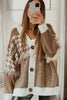 Khaki Houndstooth Color Block V Neck Raw Edge Button Front Cardigan
