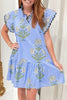 Sky Blue Wild Floral Print Scalloped Embroidery Trim V Neck Drop Waist Mini Dress