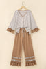 Blue Stripe V Neck Ruffle Contrast Sleeve Top Drawstring Pants 2pcs Set