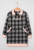 Black Plaid Polo Collar Zip up Contrast Trim Shift Long Sleeve Mini Dress