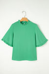 Green Frilly Round Neck Wide Half Sleeve Blouse