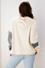 White Waffle Printed Patchwork Drawstring Hooded Long Sleeve Top