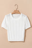 White Pointelle Knit Short Puff Sleeve Crewneck Sweater