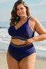 Navy Blue Embroidered Trim Wrap Tie Knot Plus Size High Waisted Bikini
