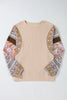 Parchment Contrast Floral Patchwork Puff Sleeve Waffle Knit Top