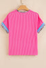 Bonbon Leopard Patchwork Corded Knit Crew Neck T Shirt