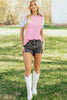 Pink Round Neck Textured Contrast Floral Bubble Sleeve Blouse