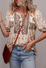 Khaki Boho Floral Print Half Placket Short Sleeve Loose Blouse