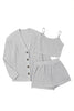 Light Grey 3 Pieces Rib Crop Camisole Matching Shorts Lounge Set with Cardigan
