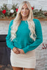 Sea Green Trendy Pattern Knit Ribbed Cuffs Crew Neck Sweater