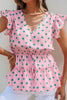 Pink V Neck Polka Dot Print Drawstring Tiered Babydoll Blouse