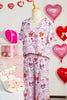 Pink Diverse Bows Buttons Printed Contrast Trim Short Sleeve Shirt Pajama Pant Set