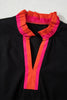 Black Striped Trim Ruffle Split Neck Long Sleeve Blouse