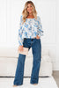 Sky Blue Floral Print Frilly Smocked Square Neck Long Sleeve Blouse