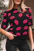 Black Rugby Print Casual Knit Short Sleeve Sweater