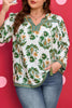 Green Plus Size Floral Printed Contrast Patchwork Detail Tassel Tie 3/4 Sleeve Blouse