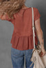 Chestnut Short Sleeve U Neck Buttons Splicing Ruffle Blouse