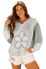 Green Floral Patched Waffle Textured Colorblock V Neck Casual Hooded Top